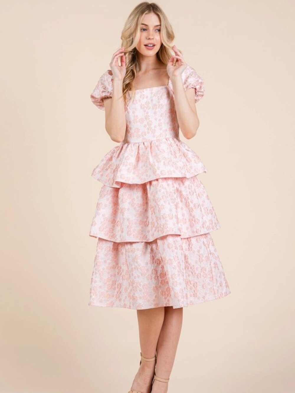 Floral Jacquard Tiered Midi Dress S-L